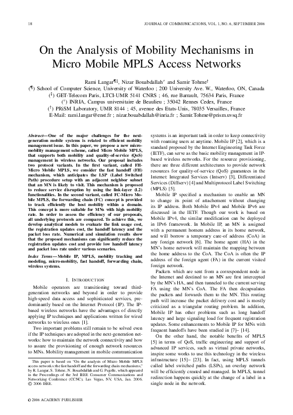 (PDF) On the Analysis of Mobility Mechanisms in Micro Mobile MPLS ...