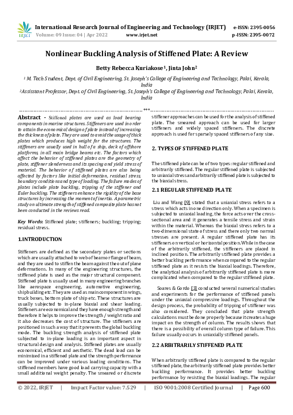 (PDF) Nonlinear Buckling Analysis of Stiffened Plate: A Review