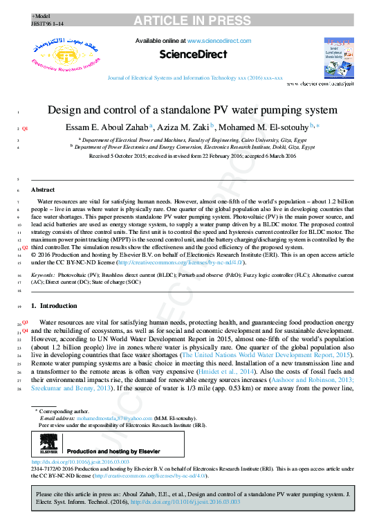 (PDF) Design and control of a standalone PV water pumping system