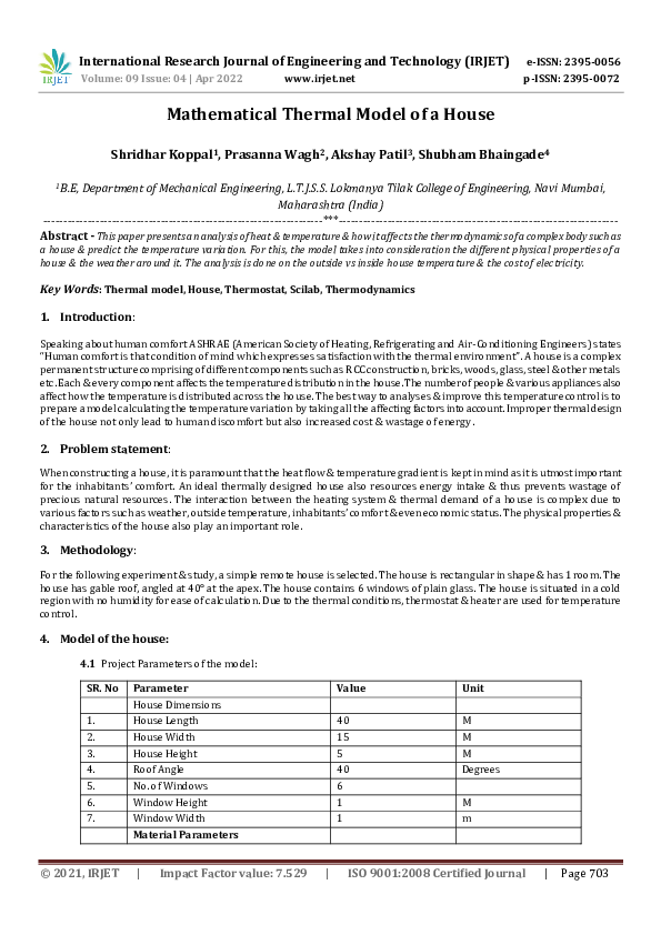 (PDF) Mathematical Thermal Model of a House | IRJET Journal - Academia.edu
