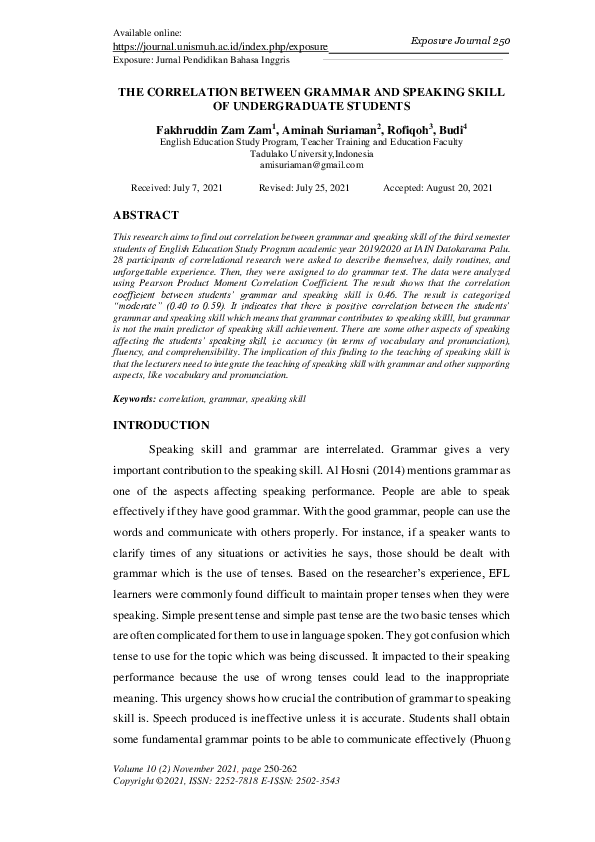 (PDF) The Correlation Between Grammar and Speaking Skill of ...