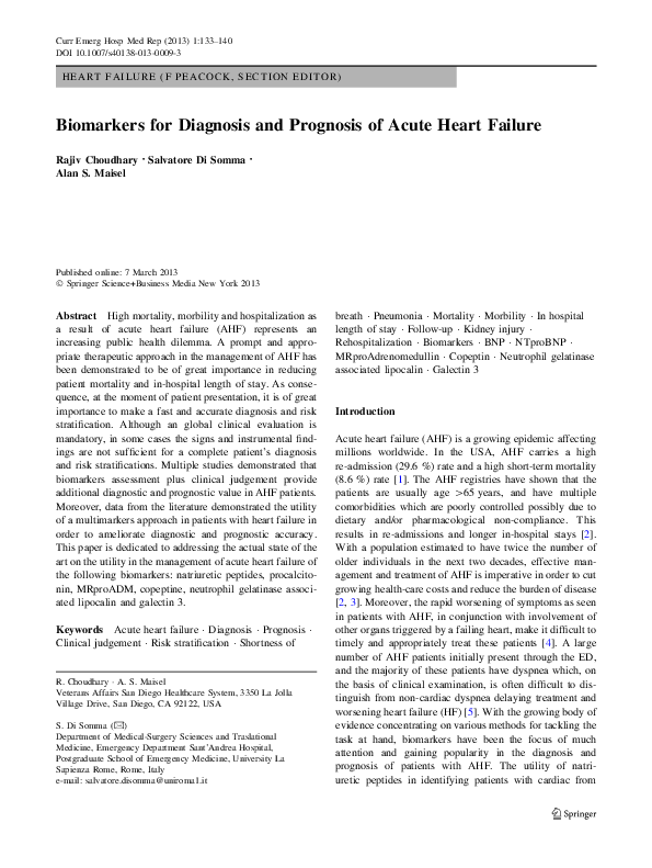 (PDF) Biomarkers for Diagnosis and Prognosis of Acute Heart Failure
