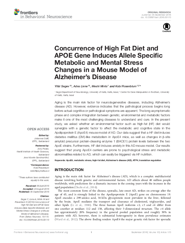 (PDF) Concurrence of High Fat Diet and APOE Gene Induces Allele ...