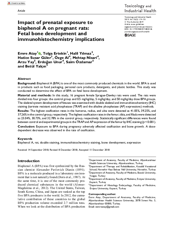(PDF) Impact of prenatal exposure to bisphenol A on pregnant rats ...