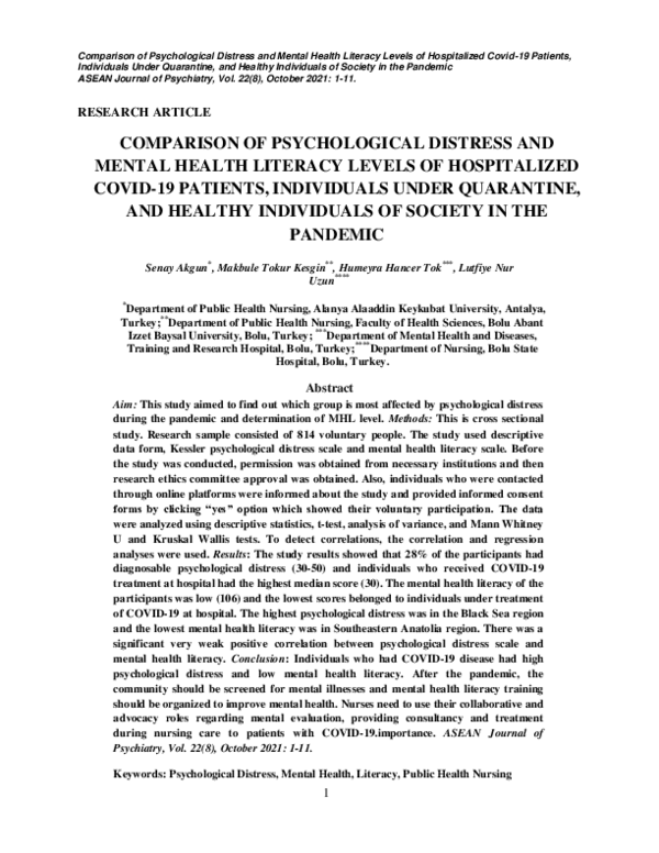 (PDF) Comparison of Psychological Distress and Mental Health Literacy ...