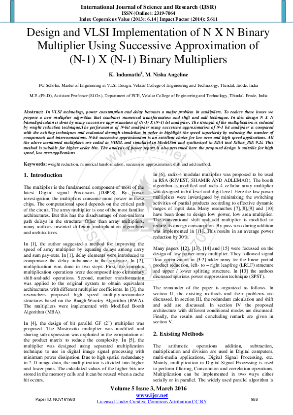 (PDF) Design and VLSI Implementation of N X N Binary Multiplier Using ...