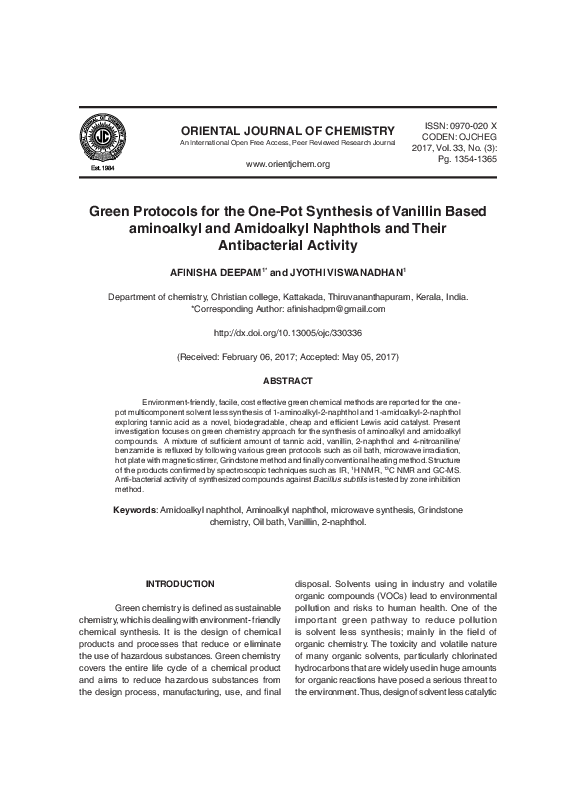 (PDF) Green Protocols for the One-Pot Synthesis of Vanillin Based ...