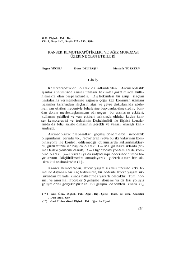 Kanser Kemoterapötikleri ve Ağız Mukozası Üzerine Olan Etkileri