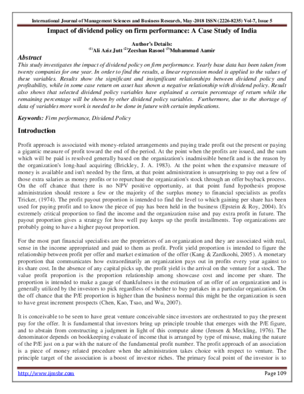 Impact Of Dividend Policy On Firm Performance A Case Study Of India Impact Of Dividend Policy On Firm Performance A Case Study Of India
