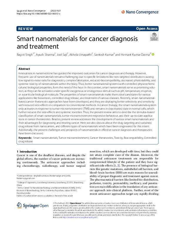 (PDF) Smart nanomaterials for cancer diagnosis and treatment
