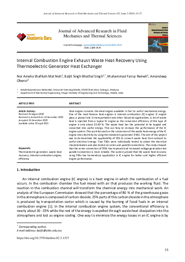 (PDF) Internal Combustion Engine Exhaust Waste Heat Recovery Using
