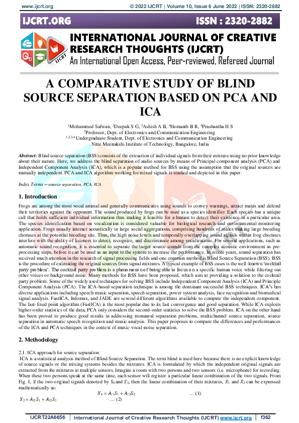(PDF) A COMPARATIVE STUDY OF BLIND SOURCE SEPARATION BASED ON PCA AND ICA