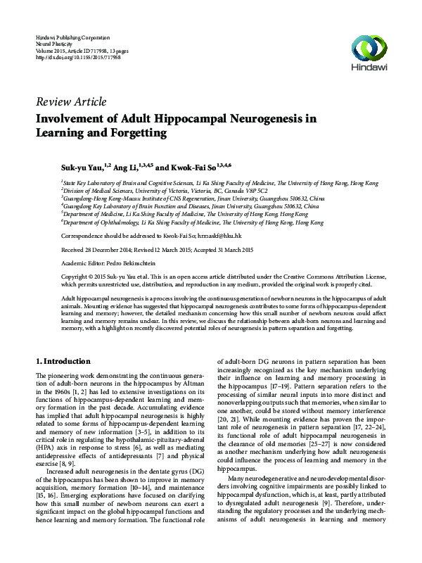 (PDF) Involvement of Adult Hippocampal Neurogenesis in Learning and ...