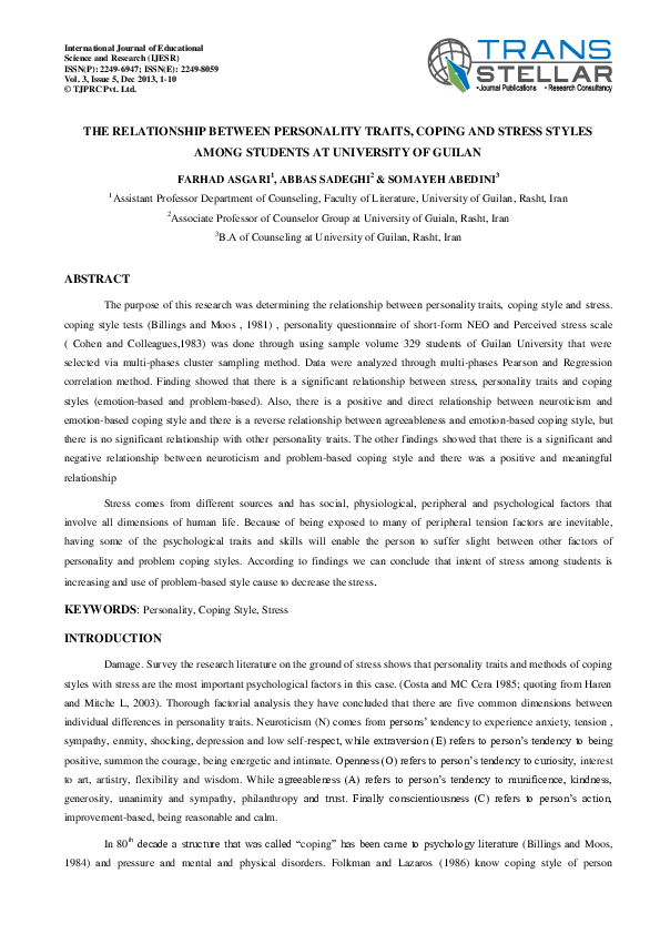 (PDF) The Relationship Between Personality Traits , Coping and Stress ...