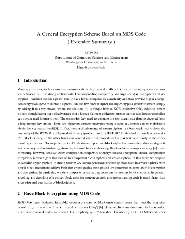 (PDF) A general encryption scheme based on MDS code