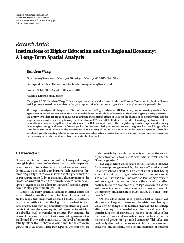(PDF) Institutions of Higher Education and the Regional Economy: A Long ...