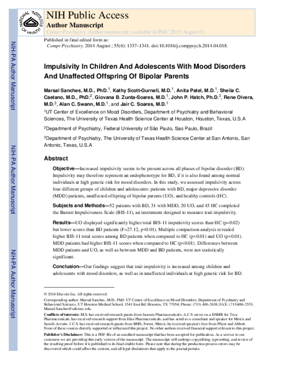 (PDF) Impulsivity in children and adolescents with mood disorders and ...