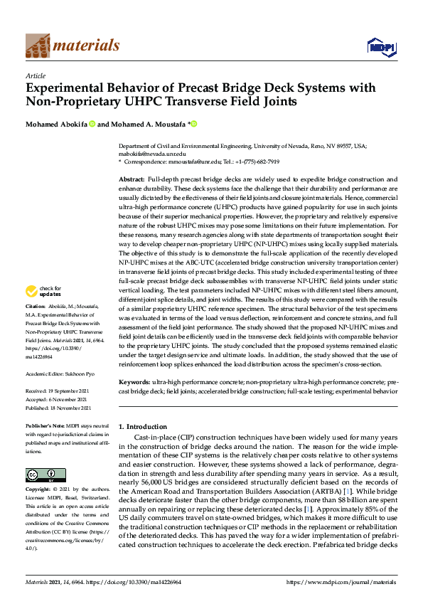 (PDF) Experimental Behavior of Precast Bridge Deck Systems with Non ...
