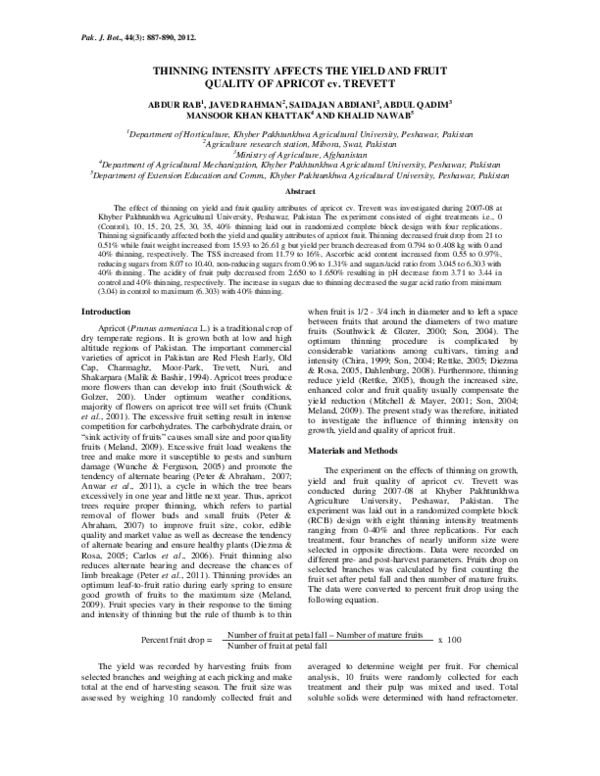 (PDF) THINNING INTENSITY AFFECTS THE YIELD AND FRUIT QUALITY OF APRICOT ...