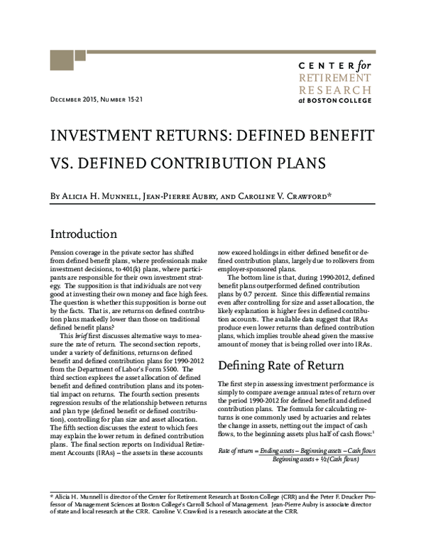 (PDF) Investment Returns: Defined Benefit vs. Defined Contribution Plans