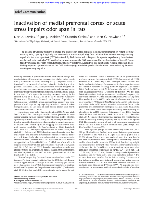 (PDF) Inactivation of medial prefrontal cortex or acute stress impairs ...