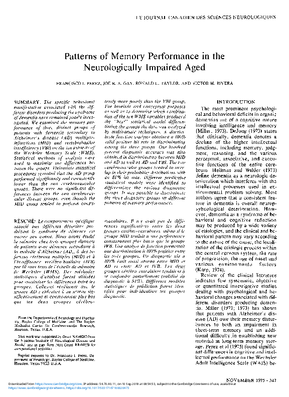 (PDF) Patterns of Memory Performance in the Neurologically Impaired Aged