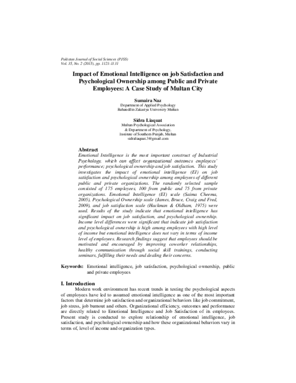 (PDF) Impact of Emotional Intelligence on job Satisfaction and ...