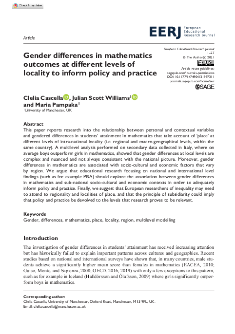 (PDF) Gender differences in mathematics outcomes at different levels of ...