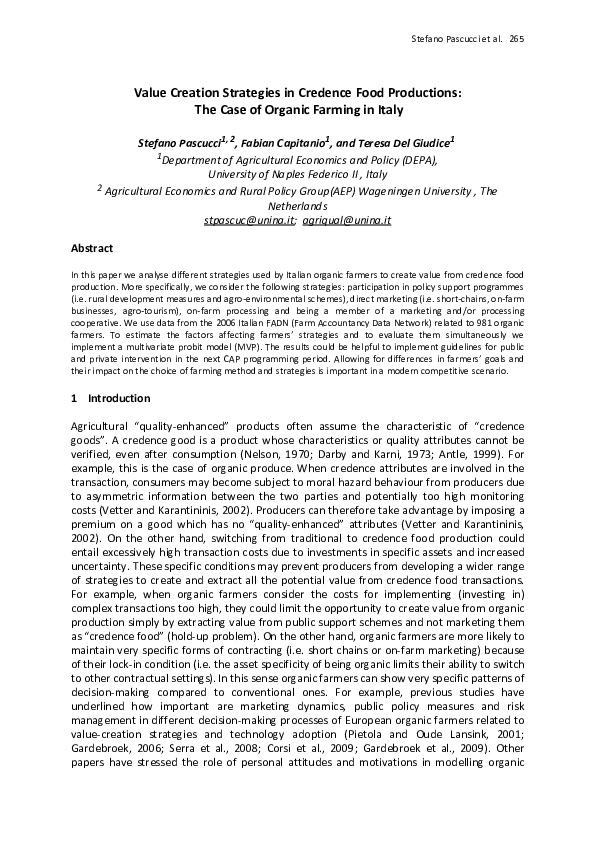 (PDF) Value Creation Strategies in Credence Food Productions: The Case ...