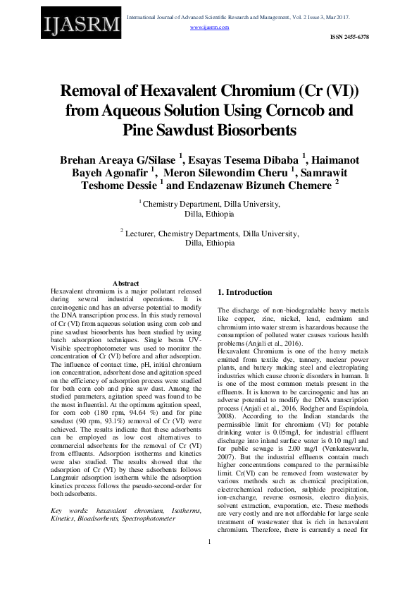 (PDF) Removal of Hexavalent Chromium ( Cr ( VI ) ) from Aqueous ...
