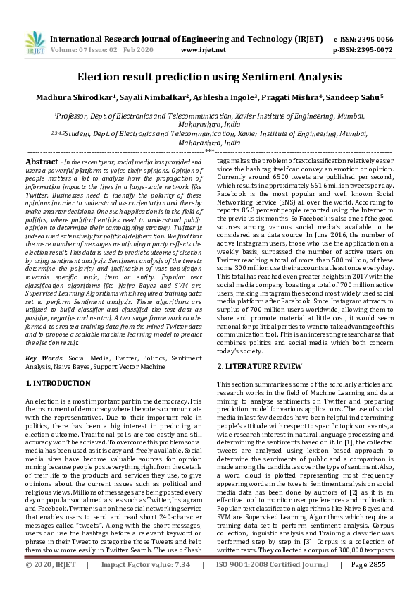 (PDF) Election Result Prediction Using Sentiment Analysis