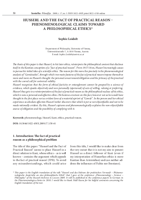 (PDF) Husserl and the Fact of Practical Reason - Phenomenological ...