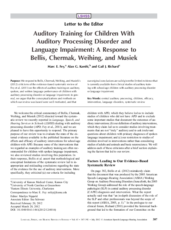 (PDF) Auditory Training for Children With Auditory Processing Disorder ...