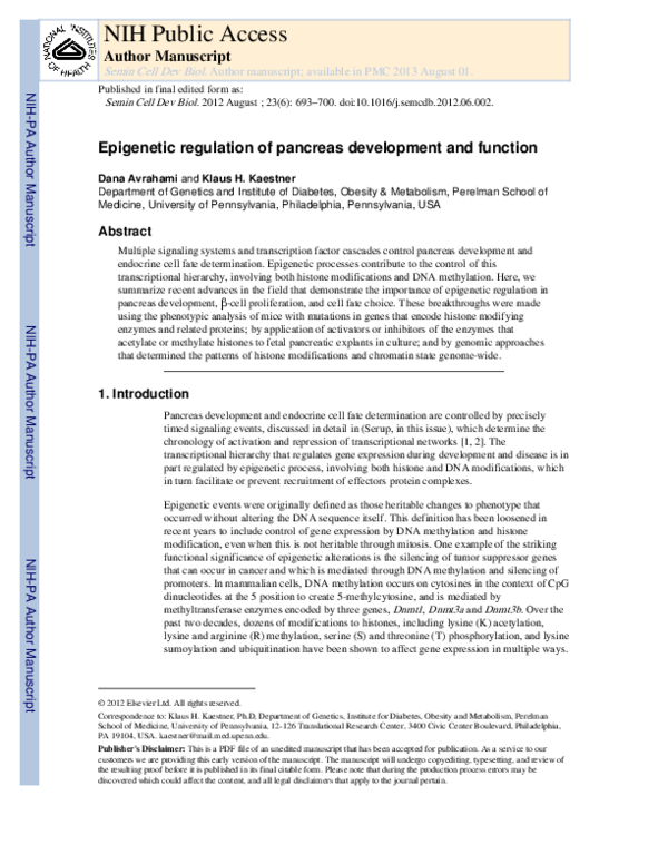 (PDF) Epigenetic regulation of pancreas development and function