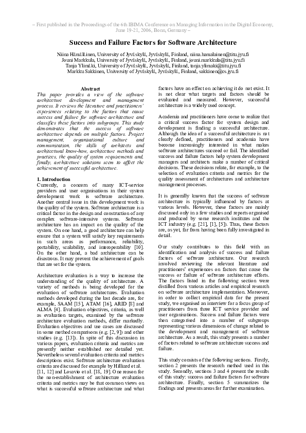 (PDF) Success and Failure Factors for Software Architecture