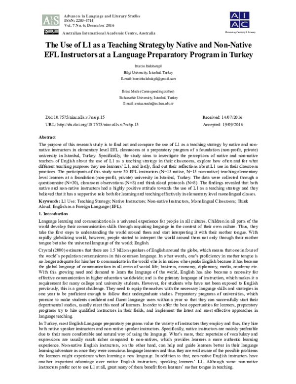 (PDF) The Use of L1 as a Teaching Strategy by Native and Non-Native EFL ...