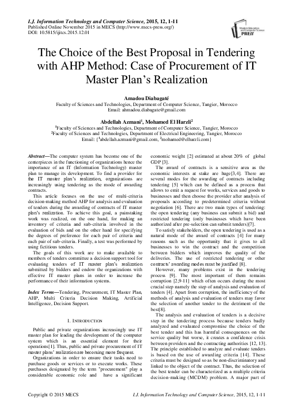 (PDF) The Choice of the Best Proposal in Tendering with AHP Method ...
