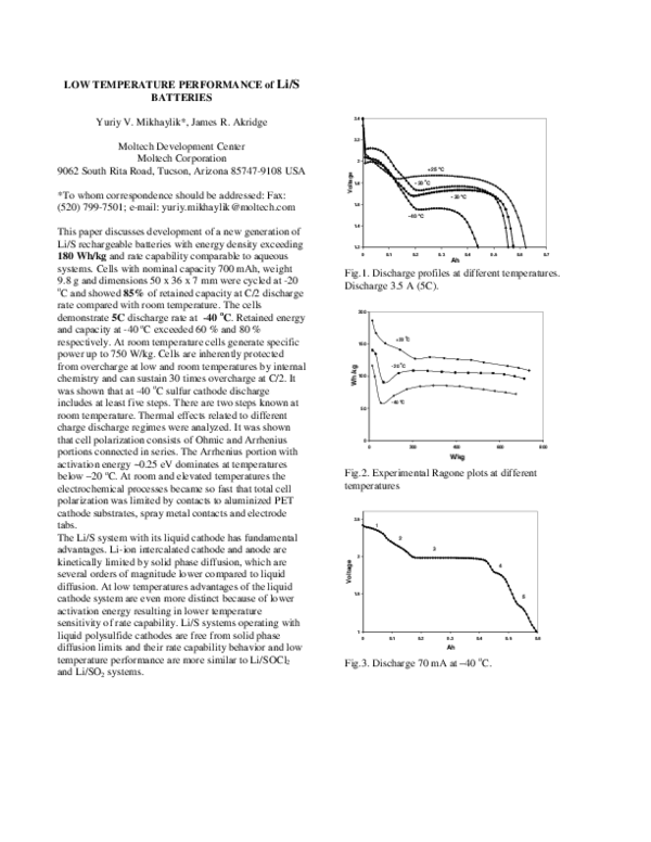 (PDF) Low Temperature Performance of Li/S Batteries