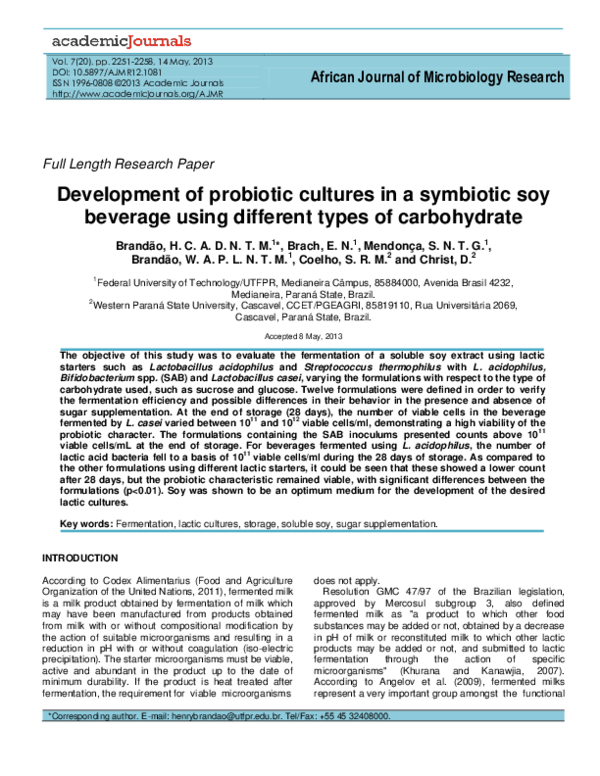 (PDF) Development of probiotic cultures in a symbiotic soy beverage ...