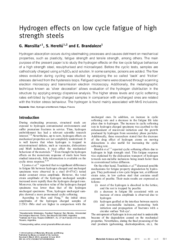 (PDF) Hydrogen effects on low cycle fatigue of high strength steels
