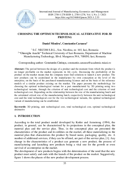 (PDF) Choosing the Optimum Technological Alternative for 3D Printing