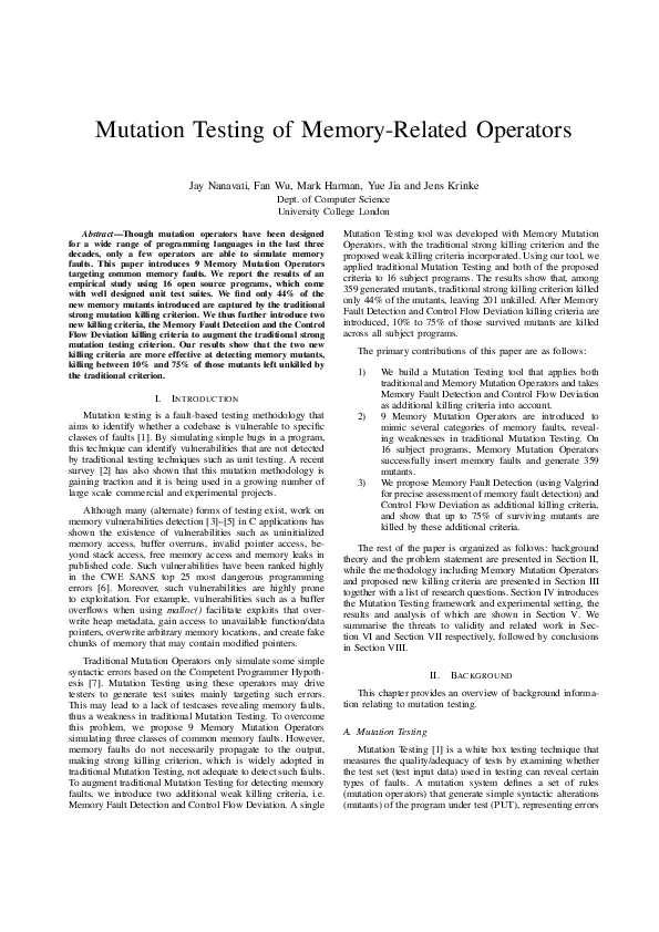 (PDF) Mutation testing of memory-related operators
