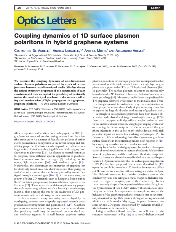 (PDF) Coupling dynamics of 1D surface plasmon polaritons in hybrid ...