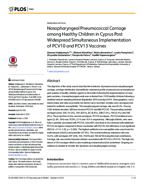 (PDF) Nasopharyngeal Pneumococcal Carriage among Healthy Children in ...