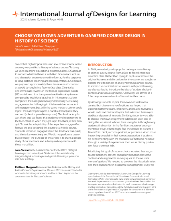(PDF) Choose Your Own Adventure Gamified Course Design in History of Science Kathleen