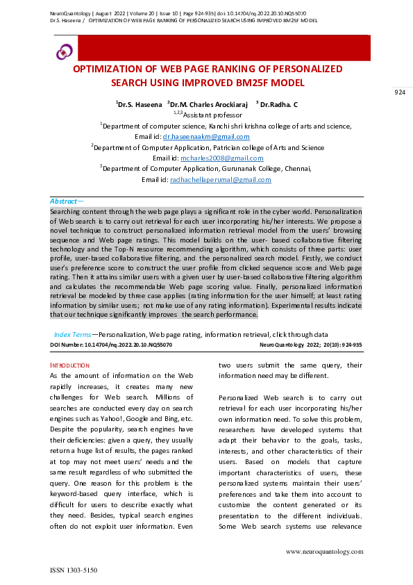 (PDF) OPTIMIZATION OF WEB PAGE RANKING OF PERSONALIZED SEARCH USING ...