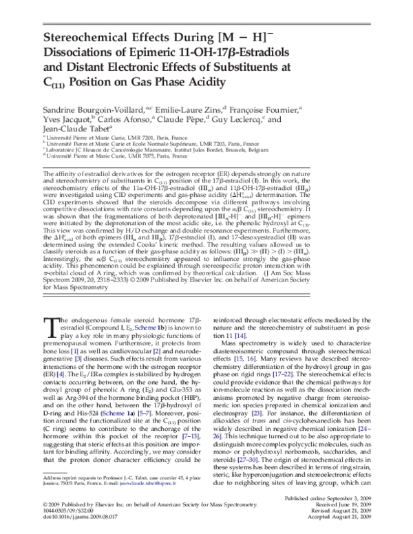 Stereochemical effects during [M-H]− dissociations of epimeric 11-OH-17β-estradiols and distant electronic effects of substituents at C(11) position on gas phase acidity