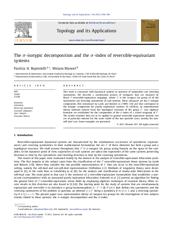(PDF) The σ-isotypic decomposition and the σ-index of reversible ...