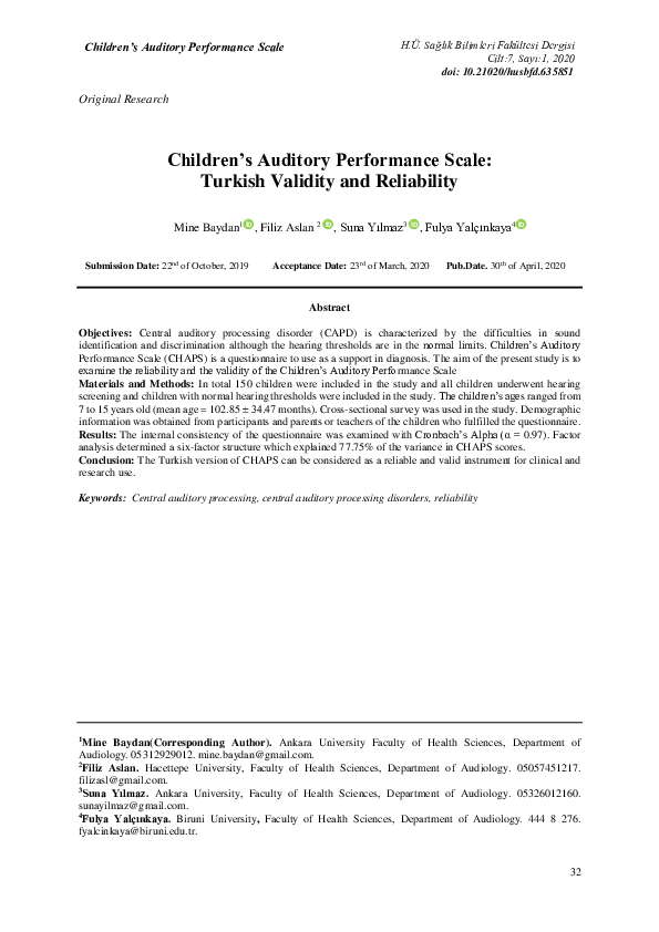 (PDF) Children’s Auditory Performance Scale: Turkish Validity and ...
