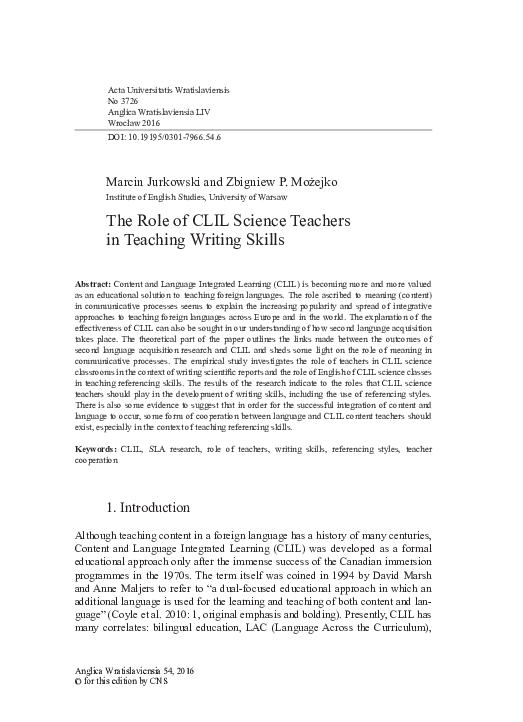 (PDF) The Role of CLIL Science Teachers in Teaching Writing Skills